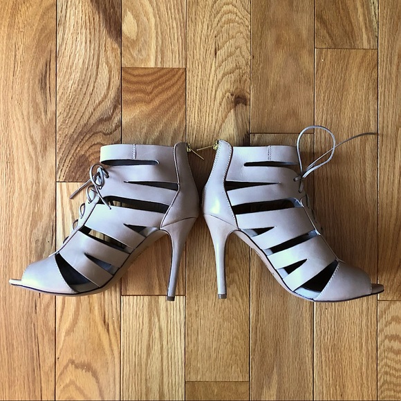NWOT Aldo Nude Leather Tie Up Cage Heels - Picture 2 of 11